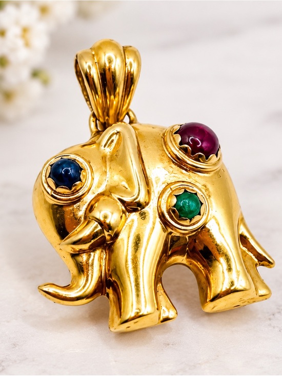 Jewelry - Vintage 18K Gold 750 Elephant Pendant Multicolor Gemstones 9.22g